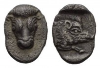 Phocis, Federal Coinage Obol 485-480 BC, AR 8.5mm., 0.84g. Frontal bull’s head. Rev. Boar forepart to r. in incuse square. Williams 56 (O. 38/ R.26). ...