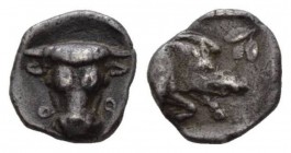 Phocis, Federal Coinage Obol 457-446, AR 10mm., 1.01g. Frontal bull’s head, the hair shown in wavy vertical lines, Φ and O to l. and r. Rev. Boar fore...