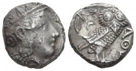 Attica, Athens Tetradrachm circa 350, AR 21mm., 17.21g. Helmeted head of Athena r. Rev. Owl, standing r., in upper l. field, olive sprig and crescent ...
