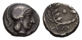 Aeolis, Elaea Diobol circa 460-400, AR 10.5mm., 1.46g. Head of Athena r., wearing crested helmet. Rev. Laurel wreath, inside pellet, below H-A. BMC 3:...