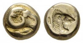 Lesbos, Mytilene Hecte 521-478, EL 10mm., 2.49g. Head of ram right; below, cockerel standing l. Rev. Incuse head of lion r.; rectangular punch behind....