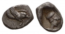Ionia, Clazomeneae Diobol circa 420, AR 12mm., 1.34g. Forepart of winged boar flying r. Rev. Head of Athena r., wearing Corinthian helmet; within incu...