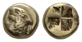 Ionia, Phocaea Hecte circa 360-340, EL 10mm., 2.53g. Head of Hera l., wearing a polos adorned with palmettes. Behind, seal swimming upwards. Rev. Quad...