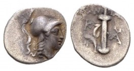Caria, Kaunos Hemidrachm 166-150, AR 14mm., 1.23g. Helmeted head of Athena r. Rev. KTHΓΟΣ Sword in sheath; monograms to both sides. von Aulock 2565. S...