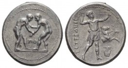 Pamphilia, Aspendos Stater circa 320-280, AR 24.5mm., 9.98g. Two wrestlers grappling, between them, ΠO. Rev. EΣTFEΔIIYΣ Slinger in throwing stance r. ...