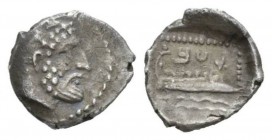 Phoenicia, Arados Obol 380-350, AR 11.5mm., 0.78g. Laureate head of marine diety r. Rev. Galley r. ; Phoenician letters above waves below. Betlyon -. ...