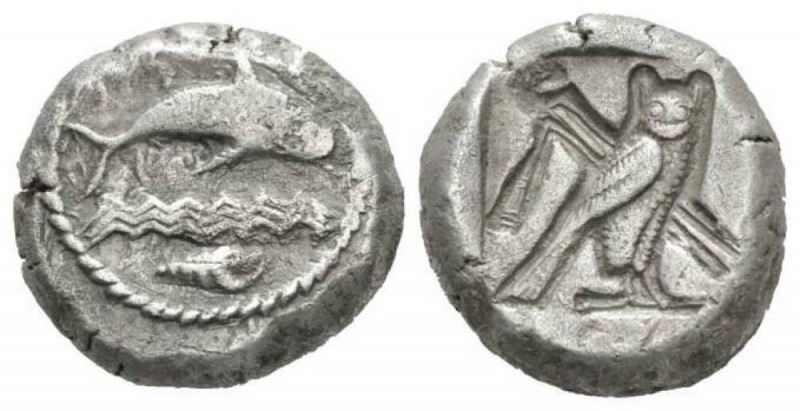 Phoenicia, Tyre Stater 450-400, AR 21mm., 13.44g. Dolphin right over triple line...