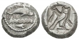 Phoenicia, Tyre Stater 450-400, AR 21mm., 13.44g. Dolphin right over triple line of waves; murex below. Rev. Owl standing r., crook and flail over lef...