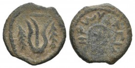 Judaea, Herod I, 40-4Jerusalem Two Prutot 40-4, Æ 18.5mm., 2.70g. Cross within open diadem. Rev. Tripod surmounted by flat vessel; above, palm branche...