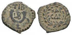 Judaea, Procurators, Valerius Gratus. 15-26Jerusalem Prutah 15-16 (year 2 of Tiberius), Æ 18mm., 1.58g. KAI/CΔP in two lines within wreath. Rev. Cross...