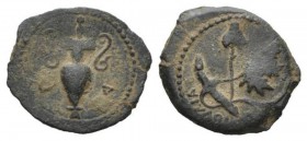 Judaea, Valerius Gratus, 15-26Jerusalem Prutah 17-18 (year 4 of Tiberius), Æ 18mm., 1.70g. IOYΛIA above vine leaf and small bunch of grapes on tendril...