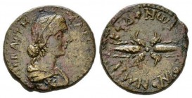 Macedonia, Koinon Faustina junior, daughter of Antoninus Pius and wife of Marcus Aurelius Bronze 147-175, Æ 24mm., 10.64g. Draped bust r. Rev. Winged ...