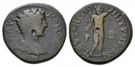 Moesia, Tomis Commodus, 177-192 Diassarion 177-192, Æ 21.5mm., 7.10g. Laureate and draped bust r. Rev. Dionysus standing, facing, head, l., holding bu...