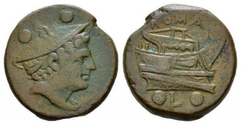 Sextans Luceria circa 214-212, Æ 22.5mm., 9.08g. Head of Mercury r.; above, two ...