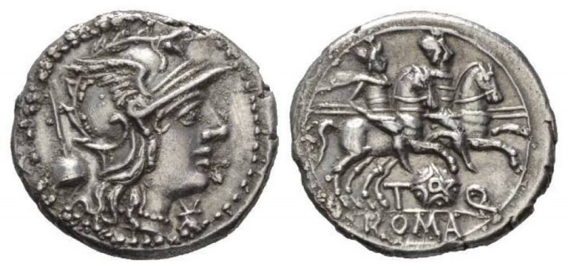 T. Quinctius Flamininus. Denarius 126, AR 19mm., 3.59g. Helmeted head of Roma r....