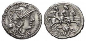 T. Quinctius Flamininus. Denarius 126, AR 19mm., 3.59g. Helmeted head of Roma r.; behind, apex and before, *. Rev. The Dioscuri galloping r.; below, M...