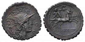 L. Licinius Crassus, Cn. Domitius Ahenobarbus and associates Denarius serratus Narbo 118, AR 21mm., 3.73g. L·POM – P – ONI – C NF Helmeted head of Rom...