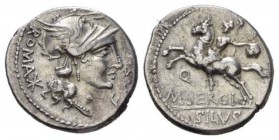 M. Sergius Silus Denarius 116 or 115, AR 20.5mm., 3.79g. Helmeted head of Roma r.; behind, ROMA * and before, EX·S·C. Rev. Horseman l., holding sword ...