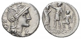 P. Laeca Denarius circa 110 or 109, AR 18.5mm., 3.93g. Helmeted head of Roma r.; below chin, mark of value *. Behind, P – LAECA and above helmet, ROMA...