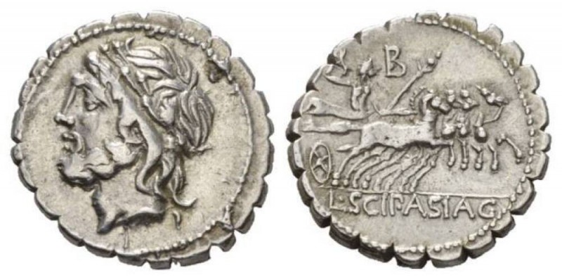 L. Cornelius Scipius Asiaticus Denarius serratus 106, AR 18.5mm., 3.93g. Laureat...