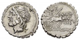 L. Cornelius Scipius Asiaticus Denarius serratus 106, AR 18.5mm., 3.93g. Laureate head of Jupiter l. Rev. Jupiter in fast quadriga r., holding sceptre...