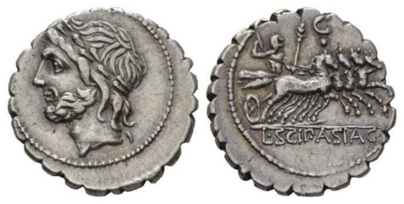 L. Cornelius Scipius Asiaticus. Denarius serratus 106, AR 19.5mm., 3.94g. Laurea...