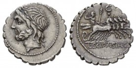 L. Cornelius Scipius Asiaticus. Denarius serratus 106, AR 19.5mm., 3.94g. Laureate head of Jupiter l. Rev. Jupiter in fast quadriga r., holding sceptr...