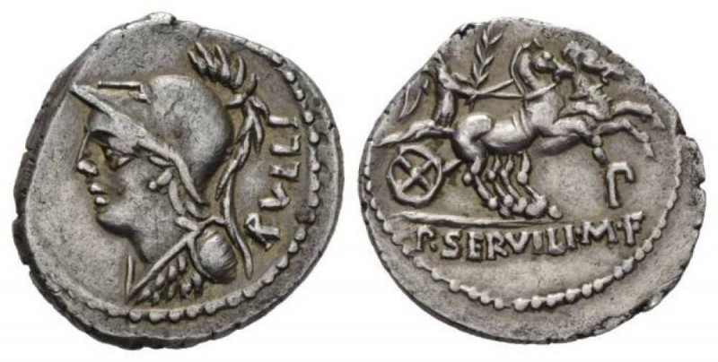 P. Servilius M.f. Rullus. Denarius 100, AR 21mm., 3.89g. Helmeted bust of Minerv...