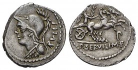 P. Servilius M.f. Rullus. Denarius 100, AR 21mm., 3.89g. Helmeted bust of Minerva l.; behind, RVLLI. Rev. Victory, holding palm-branch, in prancing bi...