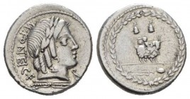 Mn. Fonteius. Denarius 85, AR 19mm., 3.96g. MN·FONTEI C·F Laureate head of Apollo r.; below, thunderbolt and below chin, ROMA ligate. Rev. Cupid on go...