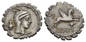 L. Papius. Denarius serratus 79, AR 19.5mm., 3.71g. Head of Juno Sospita r.; behind, lamp . Rev. Griffin leaping r.; below, lamp. In exergue, L·PAPI. ...