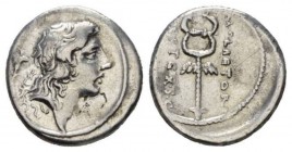 M. Plaetorius M.f. Cestianus. Denarius 69, AR 18.5mm., 3.93g. Male head r., with flowing hair; behind, flower. Rev. M·PLAETORI – CEST·EX·S·C Winged ca...