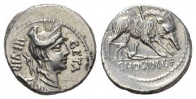 C. Hosidius C.f. Geta. Denarius 68, AR 18.5mm., 4.05g. III·VIR – GETA Diademed and draped bust of Diana r., with bow and quiver over shoulder. Rev. Bo...