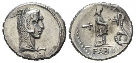 L. Roscius Fabatus Denarius serratus 64, AR 19mm., 3.71g. Head of Juno Sospita r.; behind, uncertain symbol and below neck truncation, L ROSCI. Rev. G...