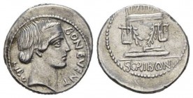 L. Scribonius Libo. Denarius 62, AR 20mm., 3.83g. BON EVENT – LIBO Diademed head of Bonus Eventus r. Rev. PVTEAL – SCRIBON Scribonian well; hammer set...