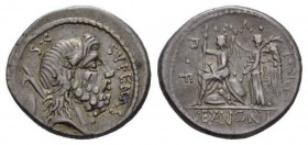 M. Nonius Sufenas. Denarius 59, AR 19mm., 4.06g. SVFENAS – S·C Head of Saturn r.; in l. field, harpa and conical stone. Rev. PR·L·V·P·F Roma seated l....