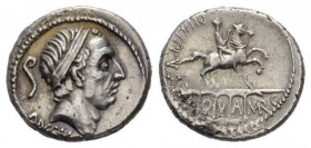 L. Marcius Philippus. Denarius 56, AR 18mm., 3.80g. Diademed head of Ancus Marcius r.; behind, lituus and below, ANCVS. Rev. PHILIPPVS Equestrian stat...