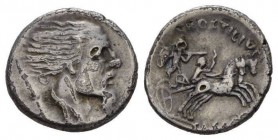 L. Hostilius Saserna. Denarius (plated) 48, AR 222222222222222mm., 22222222222222g. Bearded male head r.; behind, Gallic shield. Rev. L·HOSTILIVS Nake...