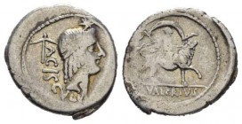 L. Valerius Acisculus Denarius 45, AR 20.5mm., 3.80g. ACISCVLVS Head of Apollo r., hair tied with band; above, star and behind, acisculus. All within ...