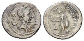 Julius Caesar and M. Mettius. Denarius 44, AR 20.5mm., 3.84g. CAESAR·IMP Wreathed head of Caesar r.; behind, lituus and culullus. Rev. M·METTIVS Venus...