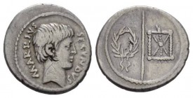 Marcus Arrius Secundus. Denarius 41, AR 19mm., 3.89g. M·ARRIVS – SECVNDVS Bearded male head r. Rev. Wreath, hasta pura and phalerae. Babelon Arria 2. ...