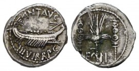 Marcus Antonius. Denarius mint moving with M. Antony 32-31, AR 16.5mm., 3.68g. ANT AVG – III·VIR·R·P·C Galley r., with sceptre tied with fillet on pro...