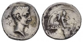 Octavian, 32 – 27 BC Denarius Brundisium or Roma circa 32-29 BC, AR 19mm., 3.58g. Bare head r. Rev. CAESAR – DIVI F Naked male figure, with petasus sl...