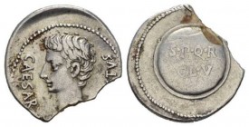 Octavian as Augustus, 27 BC – 14 AD Denarius Caesaraugusta (?) 19-18 BC, AR 20.5mm., 3.37g. CAESAR – AVGVSTVS Bare head l. Rev. S P Q R / CL V within ...