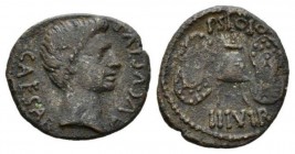 Octavian as Augustus, 27 BC – 14 AD Denarius (fouree) 17 BC, Æ 20mm., 3.25g. CAESAR – AVGVSTVS Bare head r. Rev. P STOLO / III VIR Apex between two st...