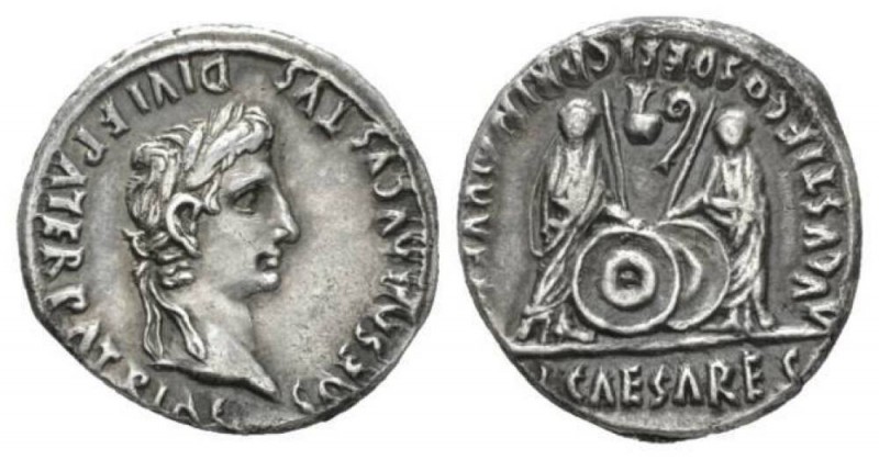 Octavian as Augustus, 27 BC – 14 AD Denarius Lugdunum 2 BC- 4 AD, AR 19mm., 3.84...