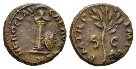 Nero, 54-68 Quadrans 64, Æ 16mm., 3.21g. NERO CLAV - CAE AVG GE - R Crested helmet on column, around shield and spear. Rev. P M TR P - IMP P P Olive b...