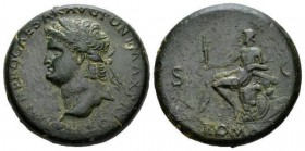 Nero, 54-68 Sestertius Lugdunum 66, Æ 34mm., 27.78g. IMP NERO CAESAR AVG PONT MAX TR POT P P Laureate head l., with globe at point of bust. Rev. S – C...