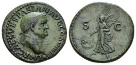 Vespasian, 69-79 As 77-78, Æ 29mm., 12.23g. IMP CAES VESPASIAN AVG COS VIII PP Laureate head r. with globe at point of neck. Rev. Victory flying l. ho...