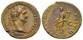 Domitian, 81-96 As 87, Æ 28mm., 9.70g. IMP CAES DOMIT AVG GERM COS XIII CENS PER P P Laureate head r. Rev. FORTVNAE - AVGVSTI Fortuna standing l., hol...